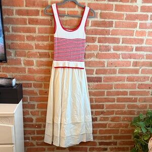 Moon River Red and White Striped Midi Dress